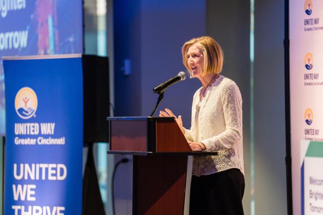 Moira Weir, United Way of Greater Cincinnati President and CEO, speaks to A Brighter Tomorrow attendees.